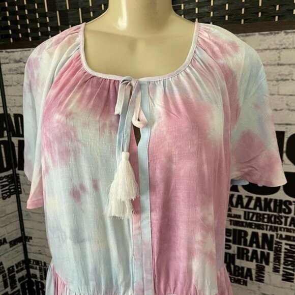 Torrid 0 Mauve Tie-Dye Lined Tie Tassel Neck Ruffle Hem Short Sleeve Dress - Picture 2 of 6